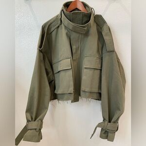 MNML NWT Olive Green Unisex Cropped Denim Jacket Oversized Size M